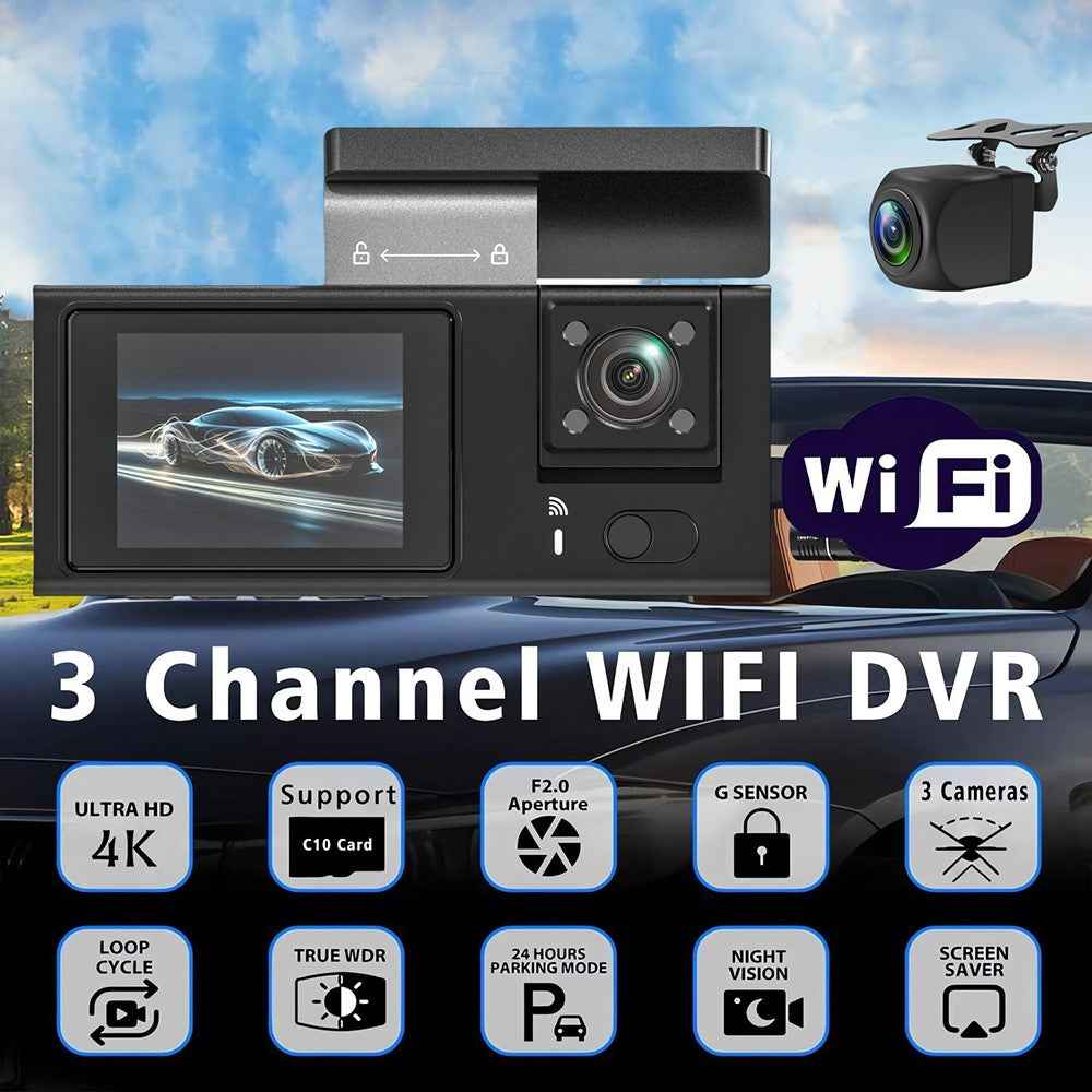 Y08 2.0 Inch IPS Screen 4K Dash Cam Front + Inside + Rear 3 Lens WiFi Car DVR Built-in G-Sensor