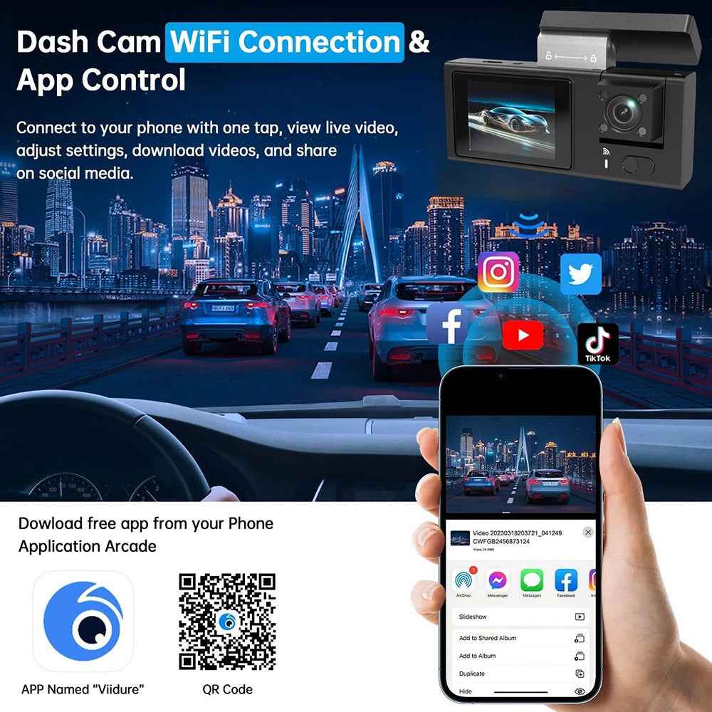 Y08 2.0 Inch IPS Screen 4K Dash Cam Front + Inside + Rear 3 Lens WiFi Car DVR Built-in G-Sensor