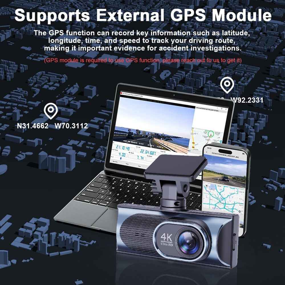 4K Dual Lens Dash Cam 170° Wide Angle Car DVR with WiFi GPS Tracking and Night Vision