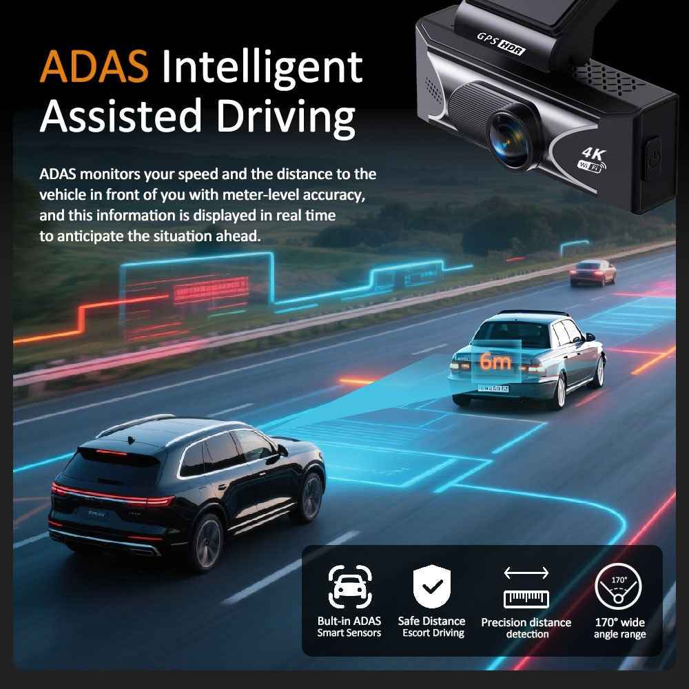 4K Dual Lens Dash Cam with ADAS 170° Wide Angle Car DVR with Night Vision and G-Sensor