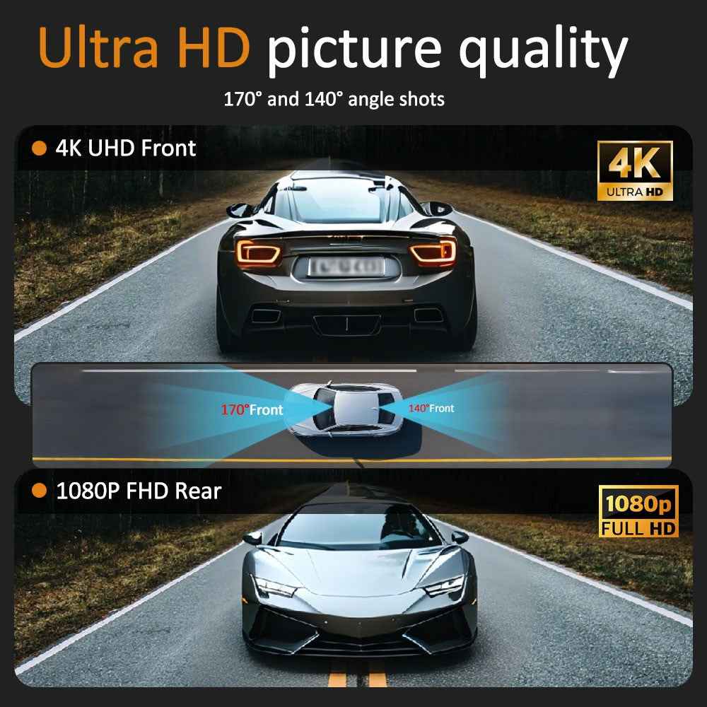 4K Dual Lens Dash Cam with ADAS 170° Wide Angle Car DVR with Night Vision and G-Sensor