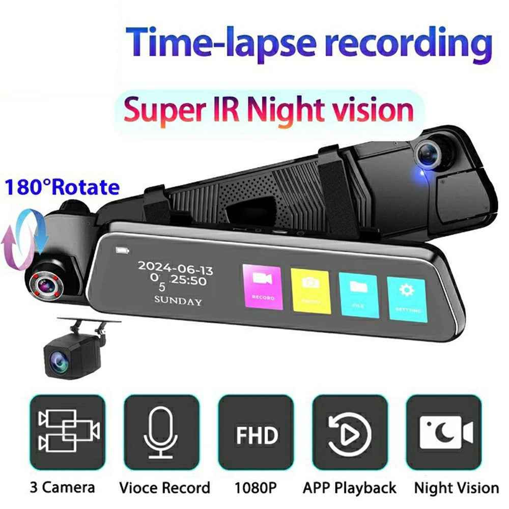 8402 Triple Display WiFi 1080P HD Reverse Camera 10 Inch Touchscreen Rearview Mirror Dash Cam