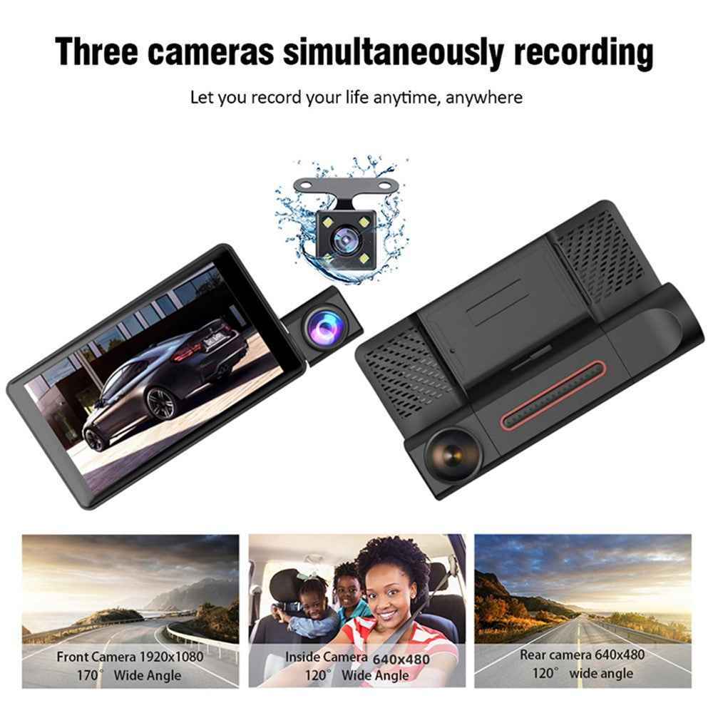 H208 4" IPS Screen 2.5D 3-Lens Car Dash Cam Full HD 1080P Car Video Recorder 120-Degree Wide Angle Car Recorder