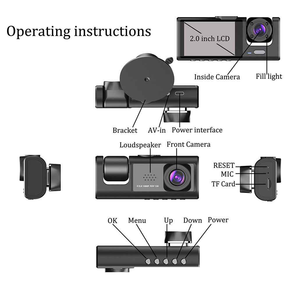 Y16 Car DVR Dash Cam 1080P HD Parking Monitoring 3 Cameras Vehicle Driving Recorder