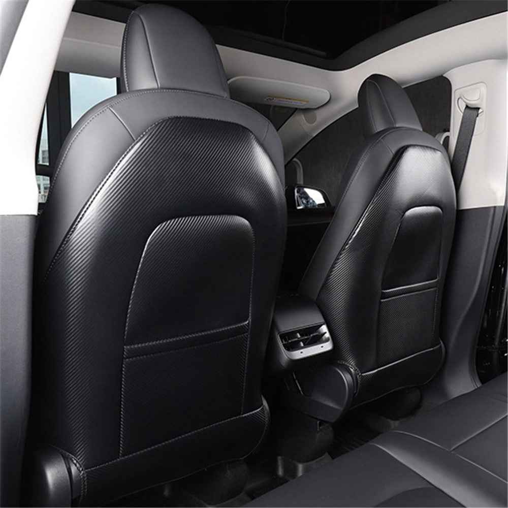 1 Pair Car Seat Cover Cushion Protection Mat Fit for Tesla Model 3/Y Anti-dust Premium Leather Car Seat Back Protector - Carbon Fiber Texture