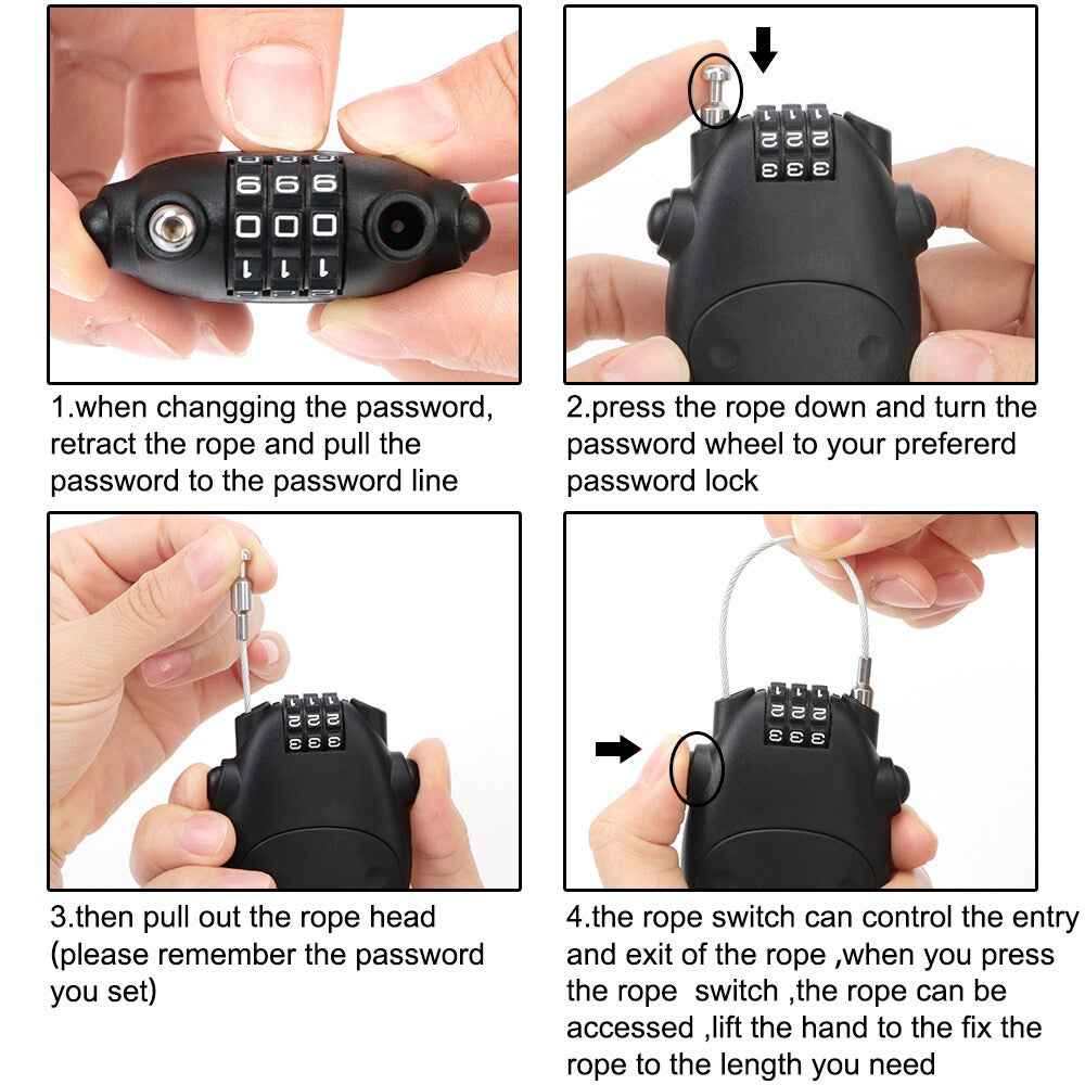 Motorcycle Helmet Code Lock Telescopic Steel Wire Luggage Suitcase Anti-theft Security Lock - Black