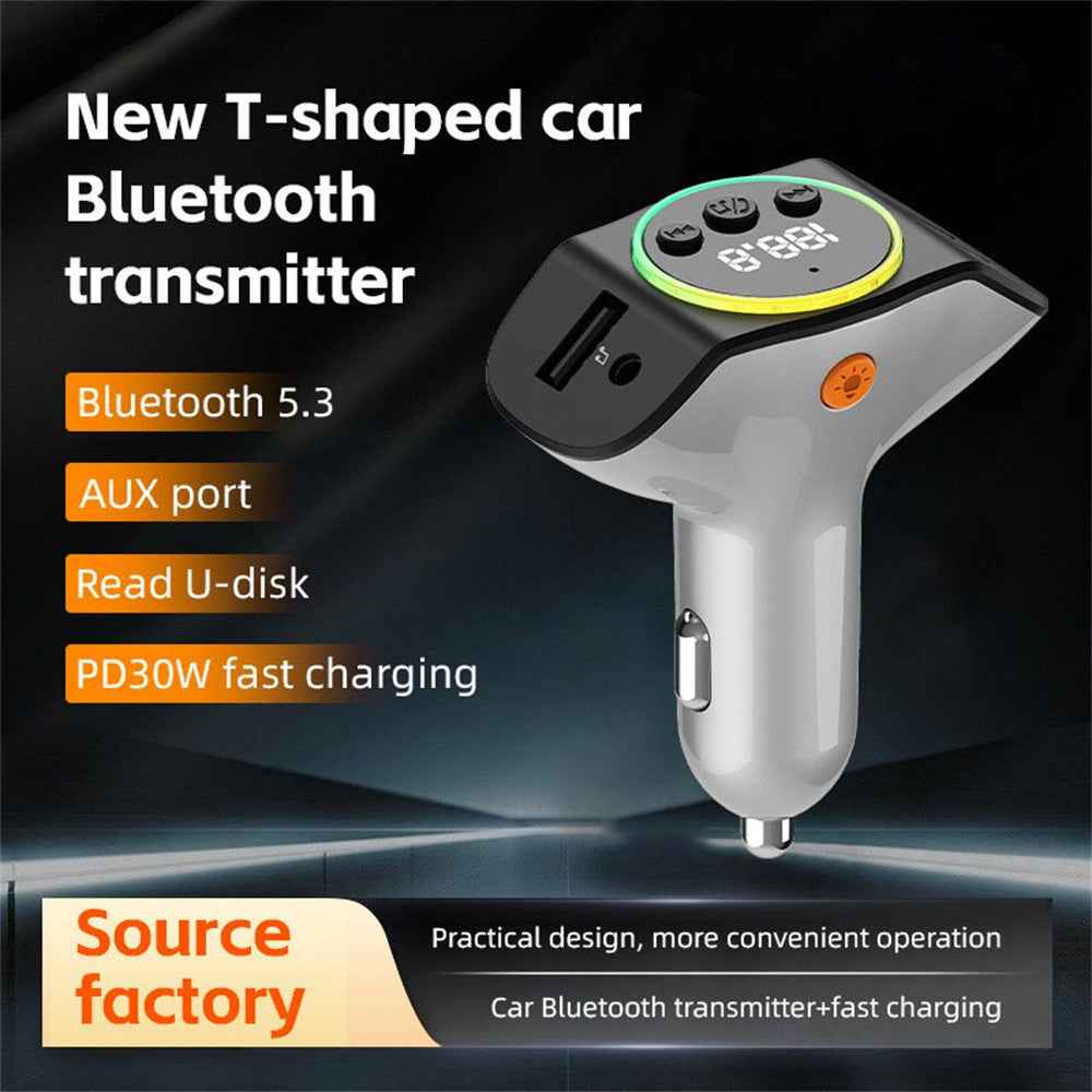C8 Dual USB Port Car Charger Bluetooth-compatible 5.3 Receiver Hands-Free Calling with AUX Port - Black