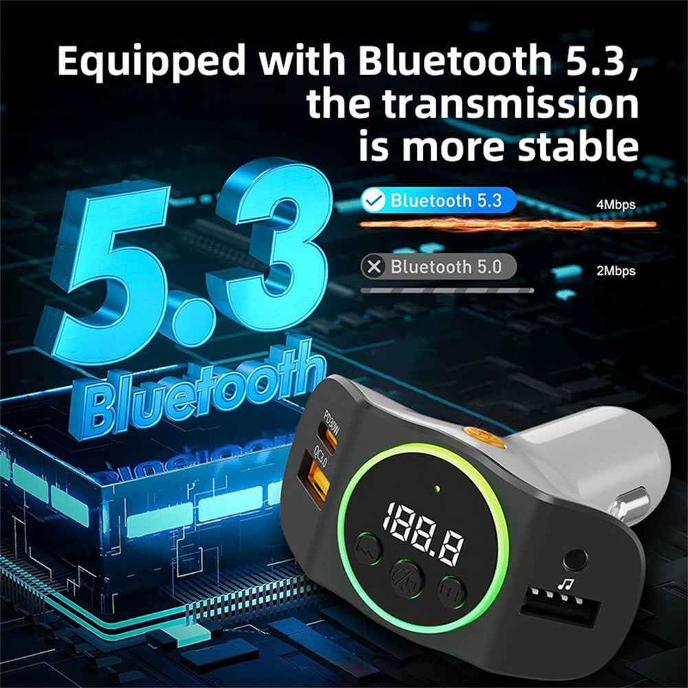 C8 Dual USB Port Car Charger Bluetooth-compatible 5.3 Receiver Hands-Free Calling with AUX Port - Black
