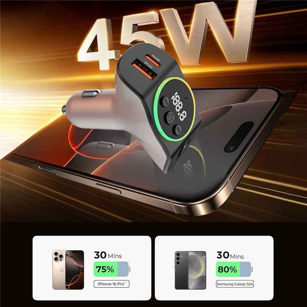 C8 Dual USB Port Car Charger Bluetooth-compatible 5.3 Receiver Hands-Free Calling with AUX Port - Black