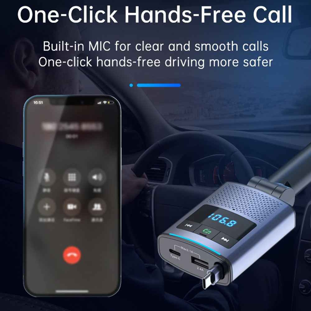 BC99 FM Transmitter Bluetooth-Compatible PD 65W Fast Charging Laptop Phone Car Charger with Retractable Cable