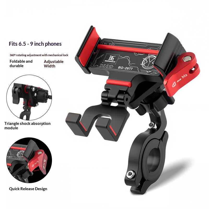 BENGGUO Bicycle Motorcycle Phone Mount 360-Degree Rotation Adjustable Handlebar Holder Aluminum Alloy Anti Shake - Black/Red/Handlebar Style