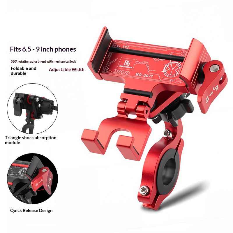 BENGGUO Bicycle Motorcycle Phone Mount 360-Degree Rotation Adjustable Handlebar Holder Aluminum Alloy Anti Shake - Red/Handlebar Style