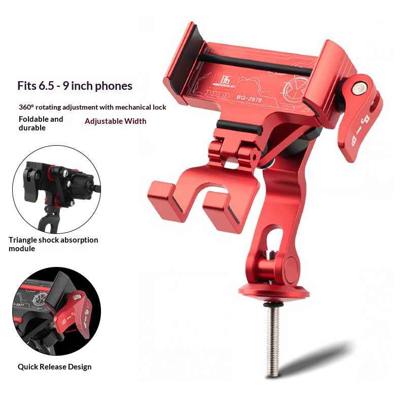 BENGGUO Bicycle Motorcycle Phone Mount 360-Degree Rotation Adjustable Handlebar Holder Aluminum Alloy Anti Shake - Red/Stem Style