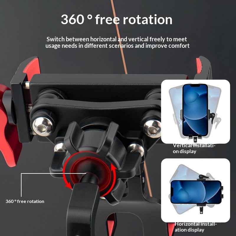 BENGGUO Bicycle Motorcycle Phone Mount 360-Degree Rotation Adjustable Handlebar Holder Aluminum Alloy Anti Shake - Red/Stem Style