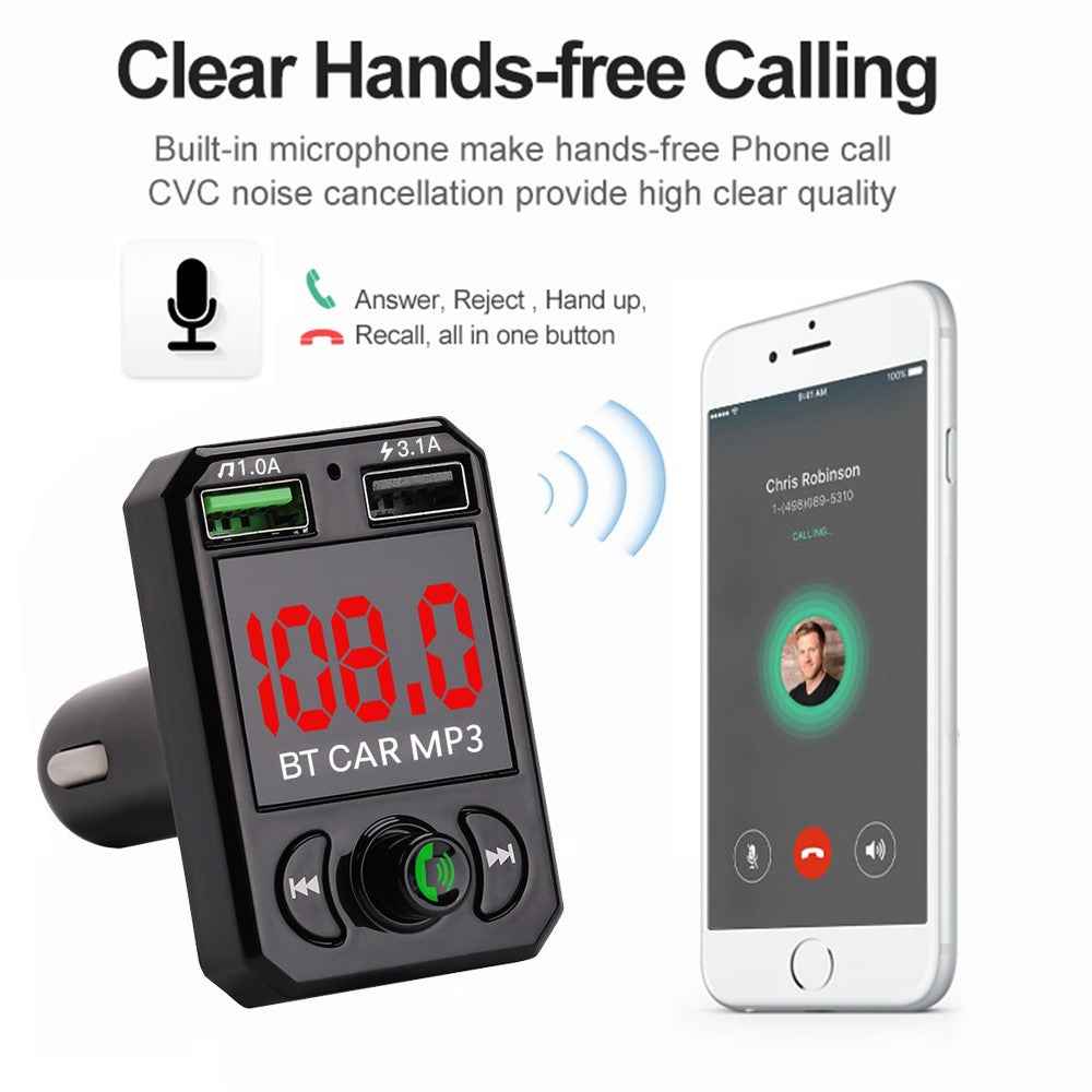 A6 BT FM Transmitter Car Charger with 2 USB Ports Car MP3 Player Support U Disk, TF Card, Bluetooth-compatible Hands-Free Calling