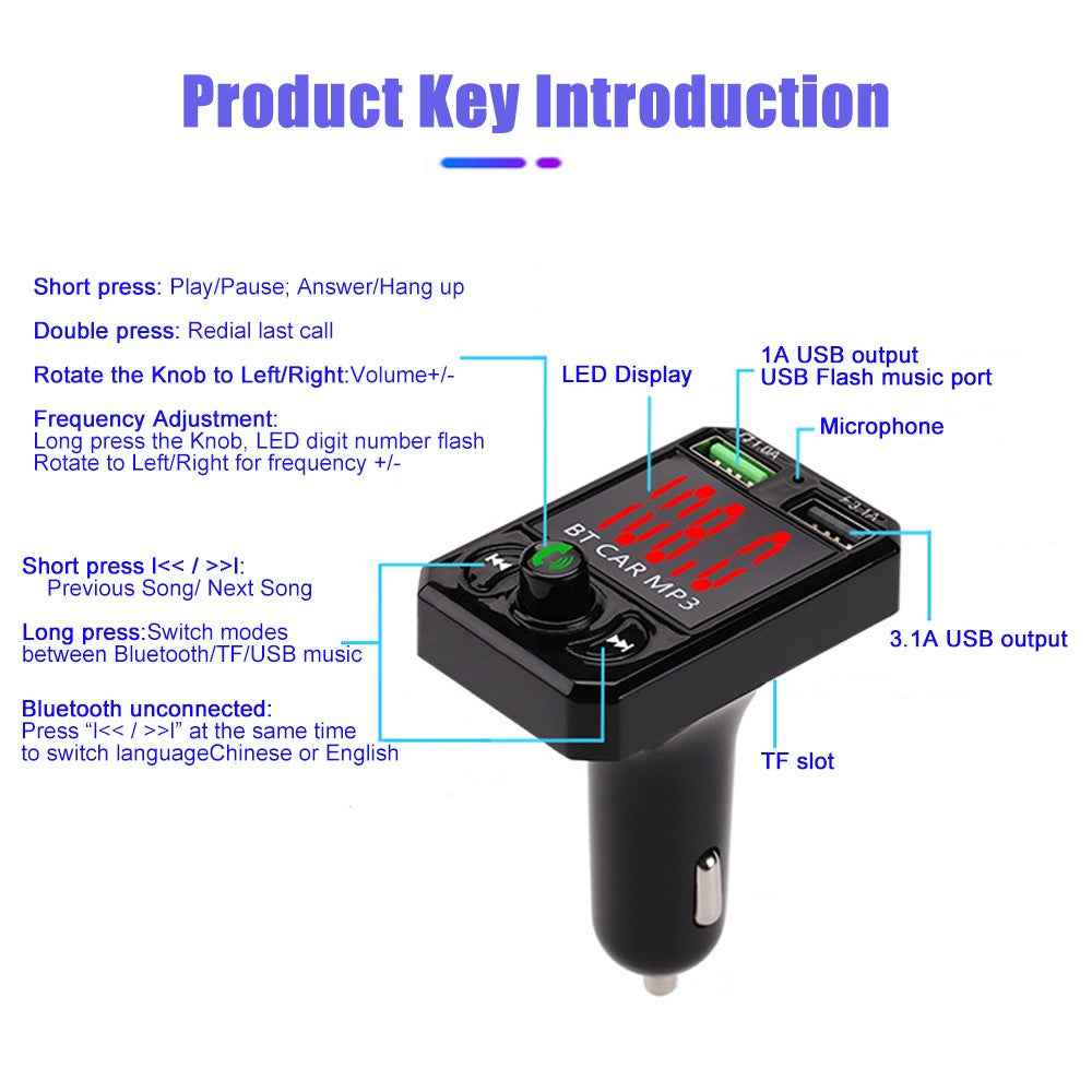 A6 BT FM Transmitter Car Charger with 2 USB Ports Car MP3 Player Support U Disk, TF Card, Bluetooth-compatible Hands-Free Calling