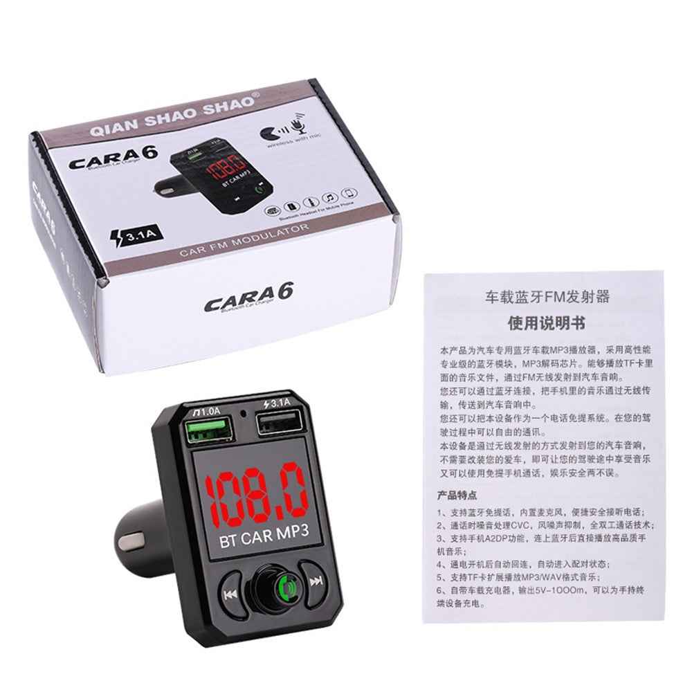 A6 BT FM Transmitter Car Charger with 2 USB Ports Car MP3 Player Support U Disk, TF Card, Bluetooth-compatible Hands-Free Calling