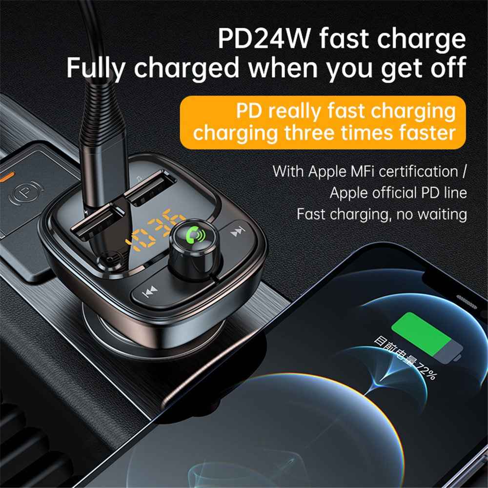 T02 PD 24W Bluetooth-compatible Car Charger MP3 Player Multifunction Car Charger Adapter with 2USB, Type-C Ports