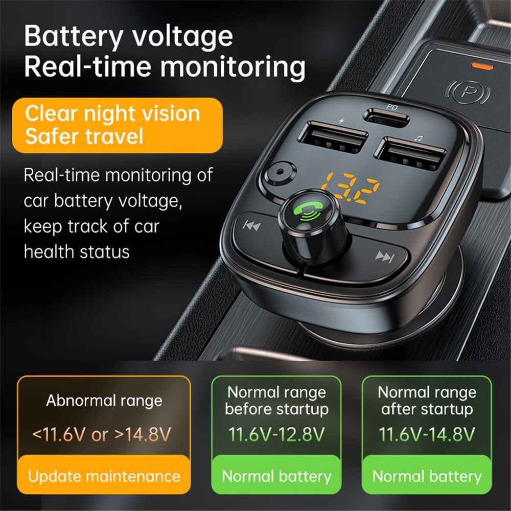 T02 PD 24W Bluetooth-compatible Car Charger MP3 Player Multifunction Car Charger Adapter with 2USB, Type-C Ports