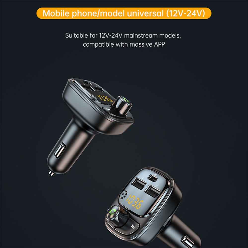 T02 PD 24W Bluetooth-compatible Car Charger MP3 Player Multifunction Car Charger Adapter with 2USB, Type-C Ports
