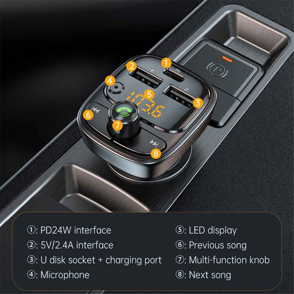 T02 PD 24W Bluetooth-compatible Car Charger MP3 Player Multifunction Car Charger Adapter with 2USB, Type-C Ports