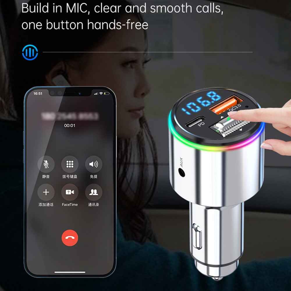 BC88 Bluetooth-compatible 5.3 FM Transmitter QC3.0 PD 30W Fast Charging Car MP3 Player with RGB Light (CE Certified)