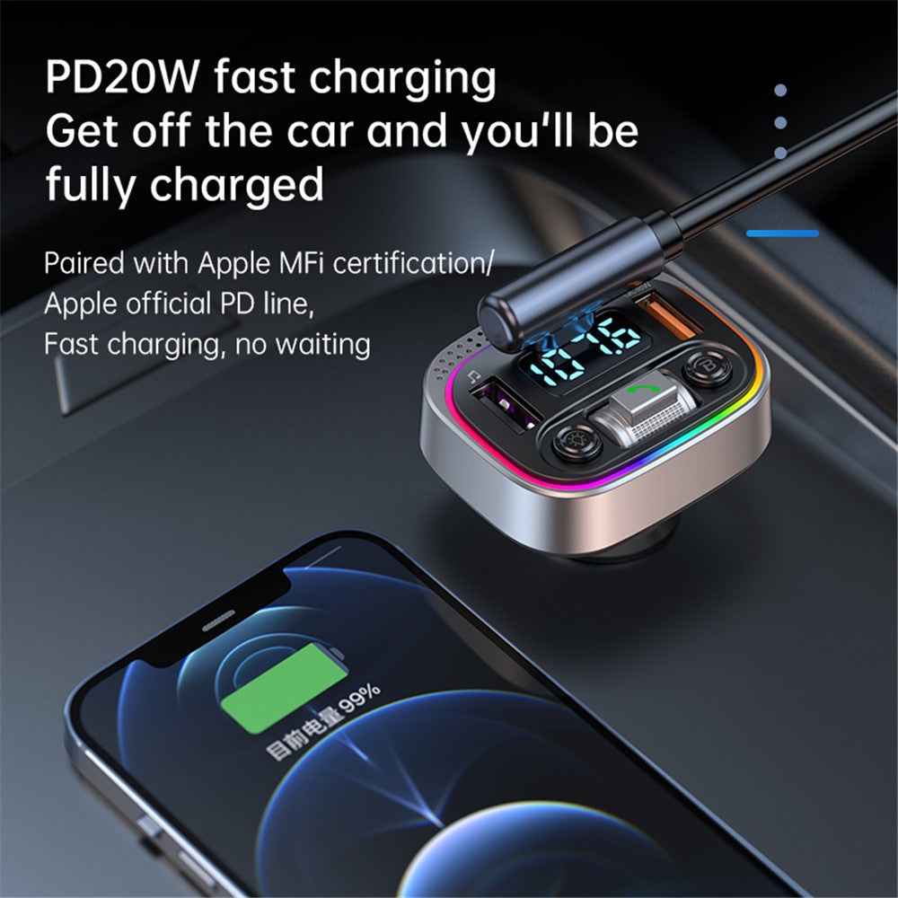 T21 Fast Charging Vehicle Charger Ambient Light Car Bluetooth-compatible FM Radio Hands-free Phone Calling MP3 Player