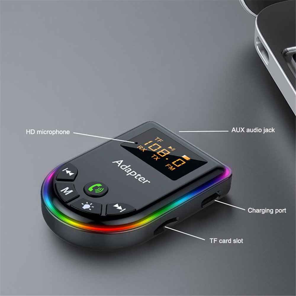 Q5 2-in-1 Bluetooth-compatible 5.3 Audio Adapter with Audio Receiver / Transmitter, Car MP3 Player with Colorful Ambient Light