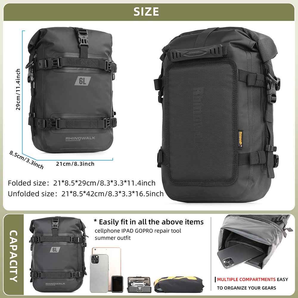 RHINOWALK MT2206 6L Waterproof Motorcycle Side Storage Bag Motorbike Side Bumper Bag - Black