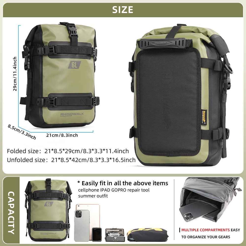 RHINOWALK MT2206 6L Waterproof Motorcycle Side Storage Bag Motorbike Side Bumper Bag - Army Green