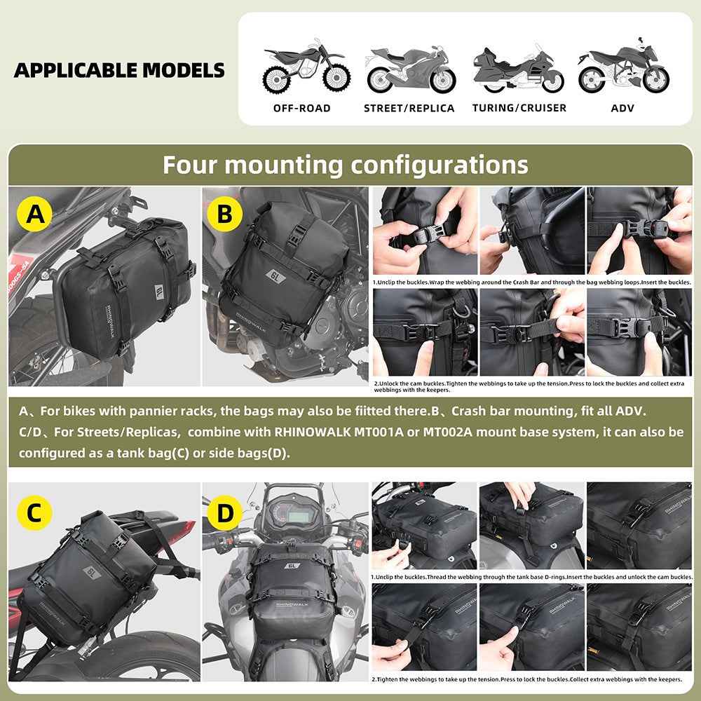 RHINOWALK MT2206 6L Waterproof Motorcycle Side Storage Bag Motorbike Side Bumper Bag - Army Green
