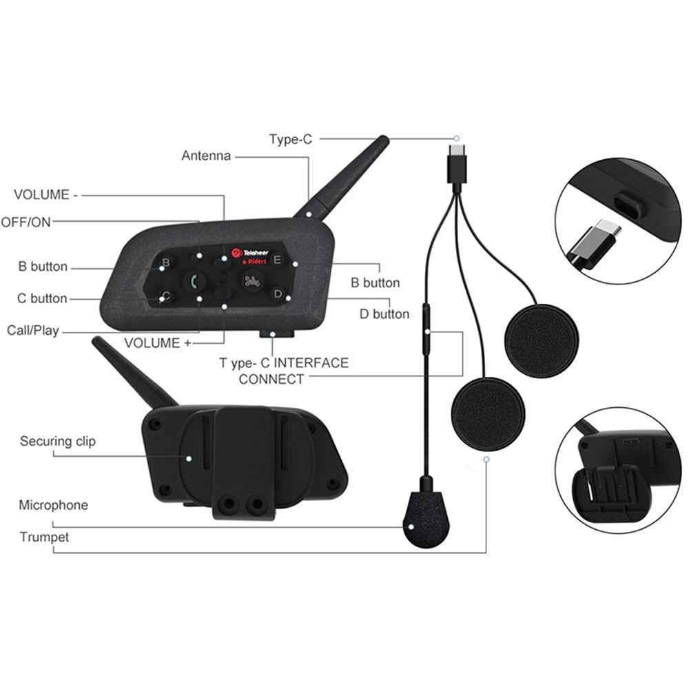 TELEHEER V6 Plus Motorcycle Helmet Bluetooth-compatible Walkie-Talkie with Headset Waterproof BT Wireless Walkie-Talkie Support 1500m Distance