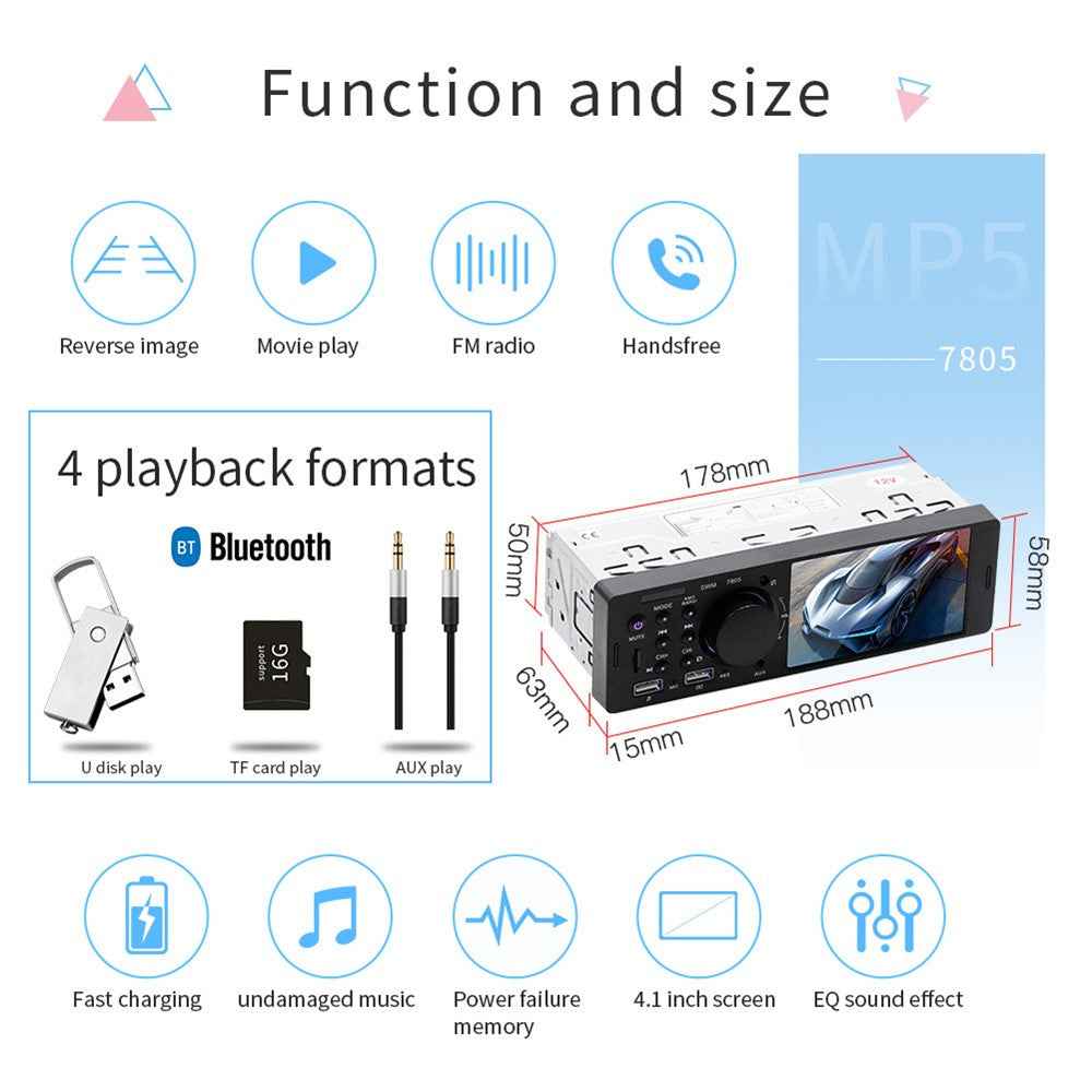 7805 Car Radio MP5 Player HD 4.1-inch Screen FM Stereo Audio with USB Charging Port (No Battery)