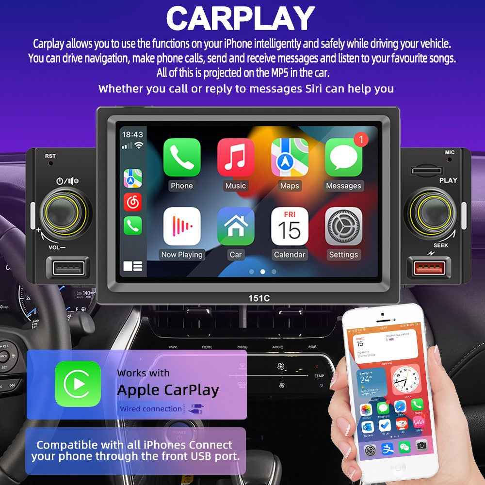 SWM151C 5-inch Display Car Play Mobile Phone Interconnection Car Bluetooth-compatible MP5 Player