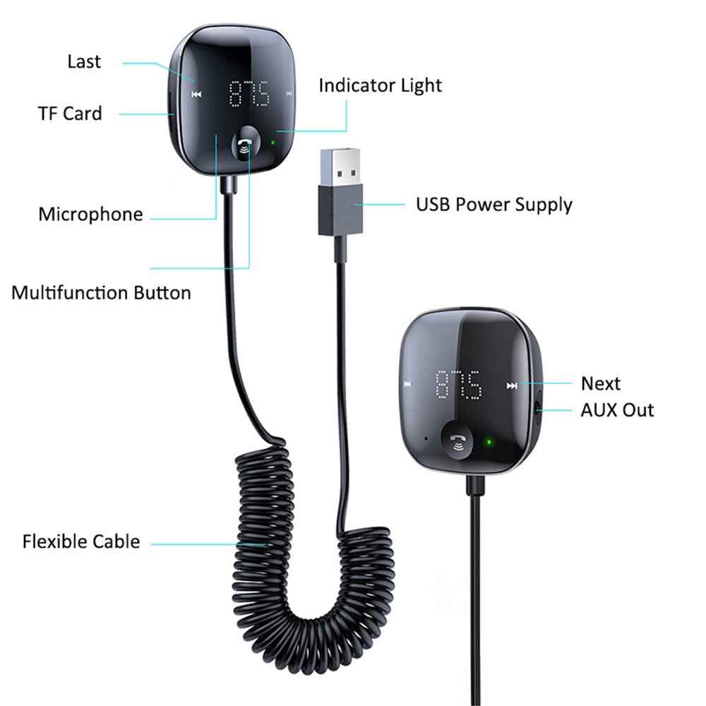 LOHEE S-25 Digital Display Car Bluetooth-compatible 5.0 Receiver MP3 Music Player FM Transmitter with USB Spring Cable