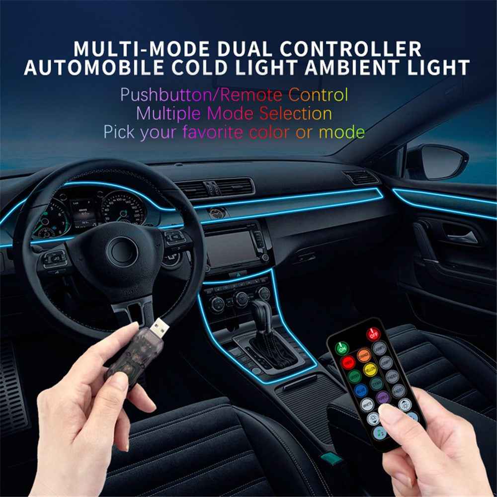 IS13U 3m Car Fiber Optic Neon Wire Strip Light USB Ambient Lamp with Remote Control for Center Console