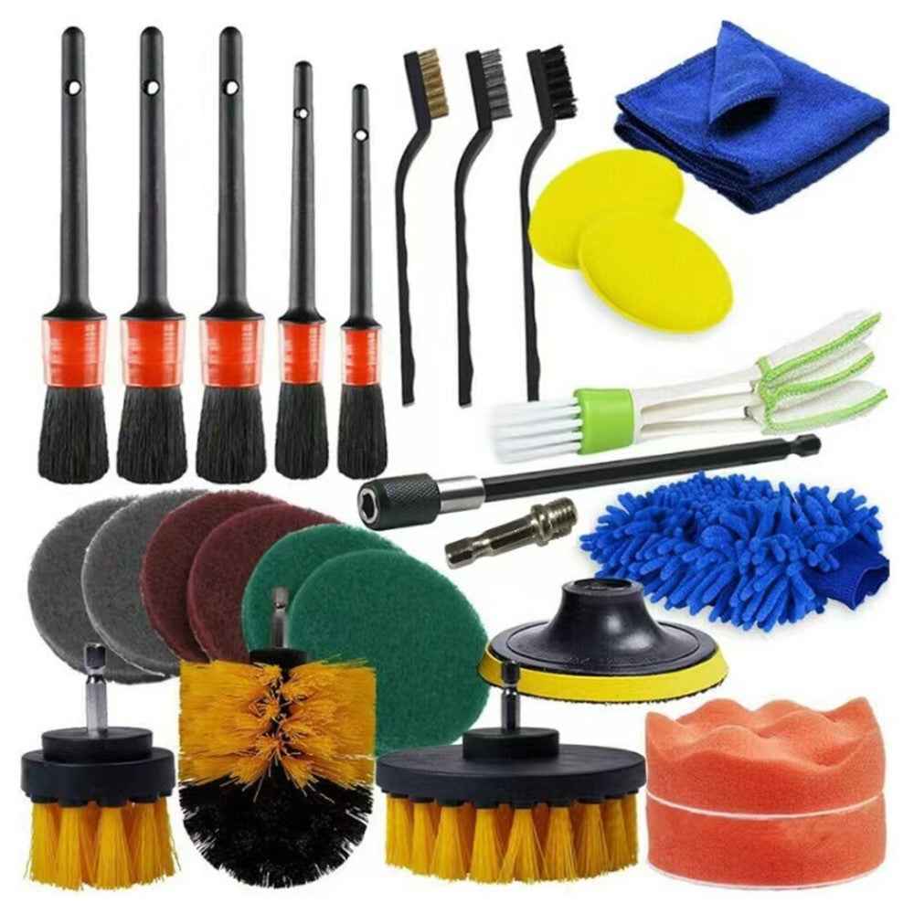 27Pcs / Set Car Cleaning Cloth Washing Mitten Electric Drill Brush Vehicle Detailing Brushes Scrub Pads Kit