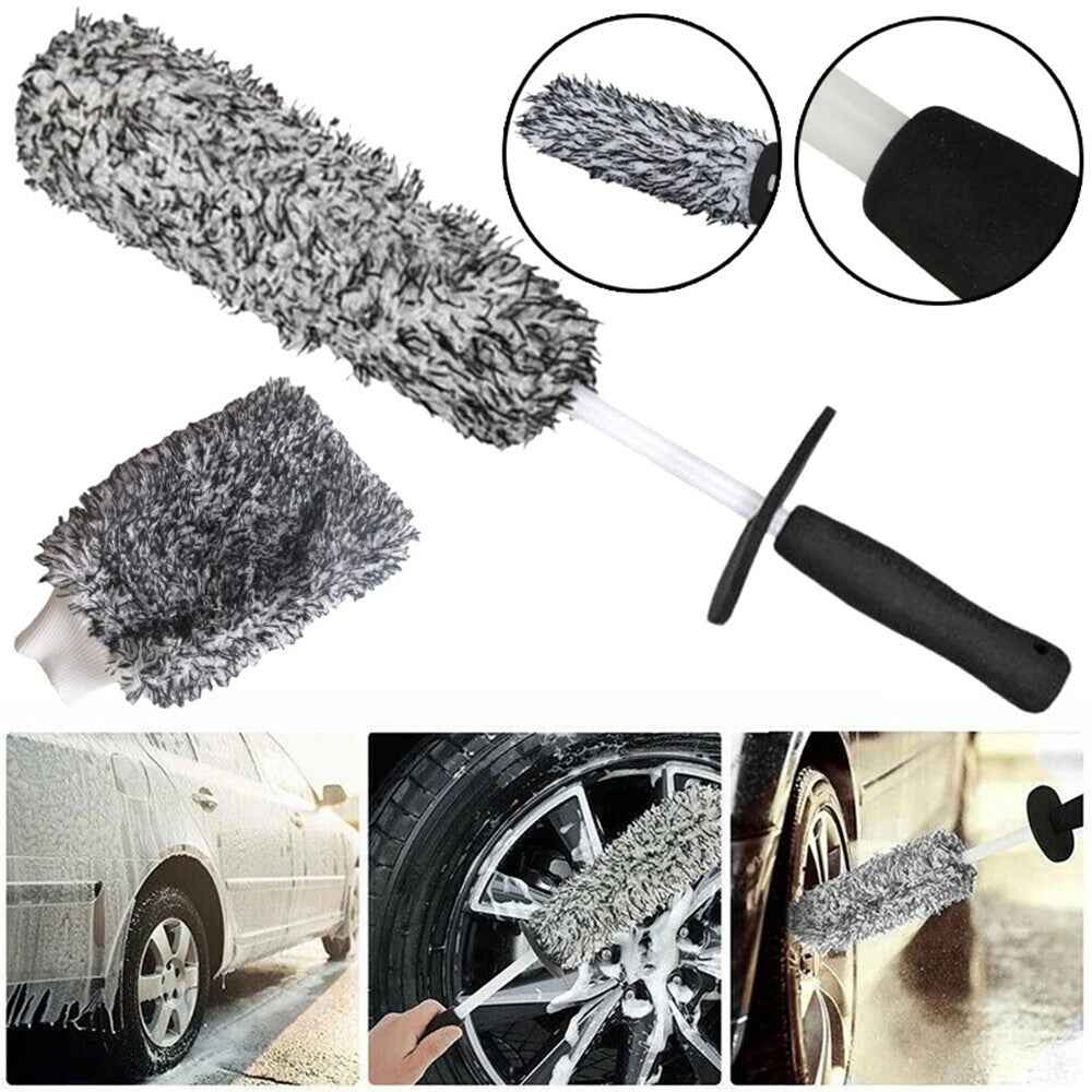 Car Wheel Cleaning Brush Soft Microfibre Long Handle Rim Detailing Brush - Black+White Handle