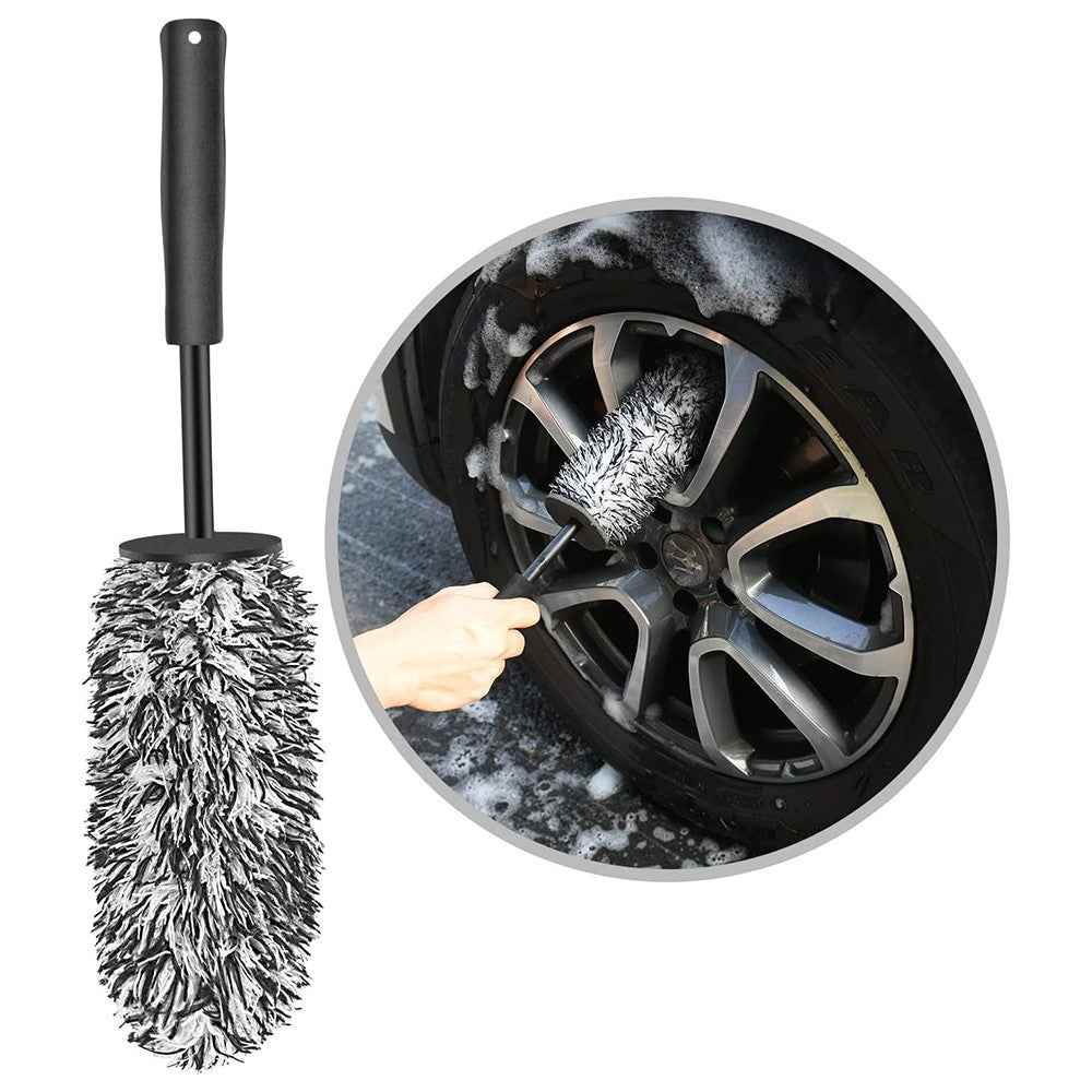 Car Wheel Cleaning Brush Soft Microfibre Long Handle Rim Detailing Brush - Black+White Handle