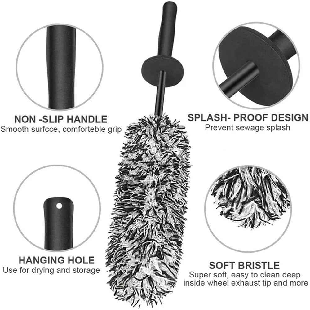 Car Wheel Cleaning Brush Soft Microfibre Long Handle Rim Detailing Brush - Black+White Handle