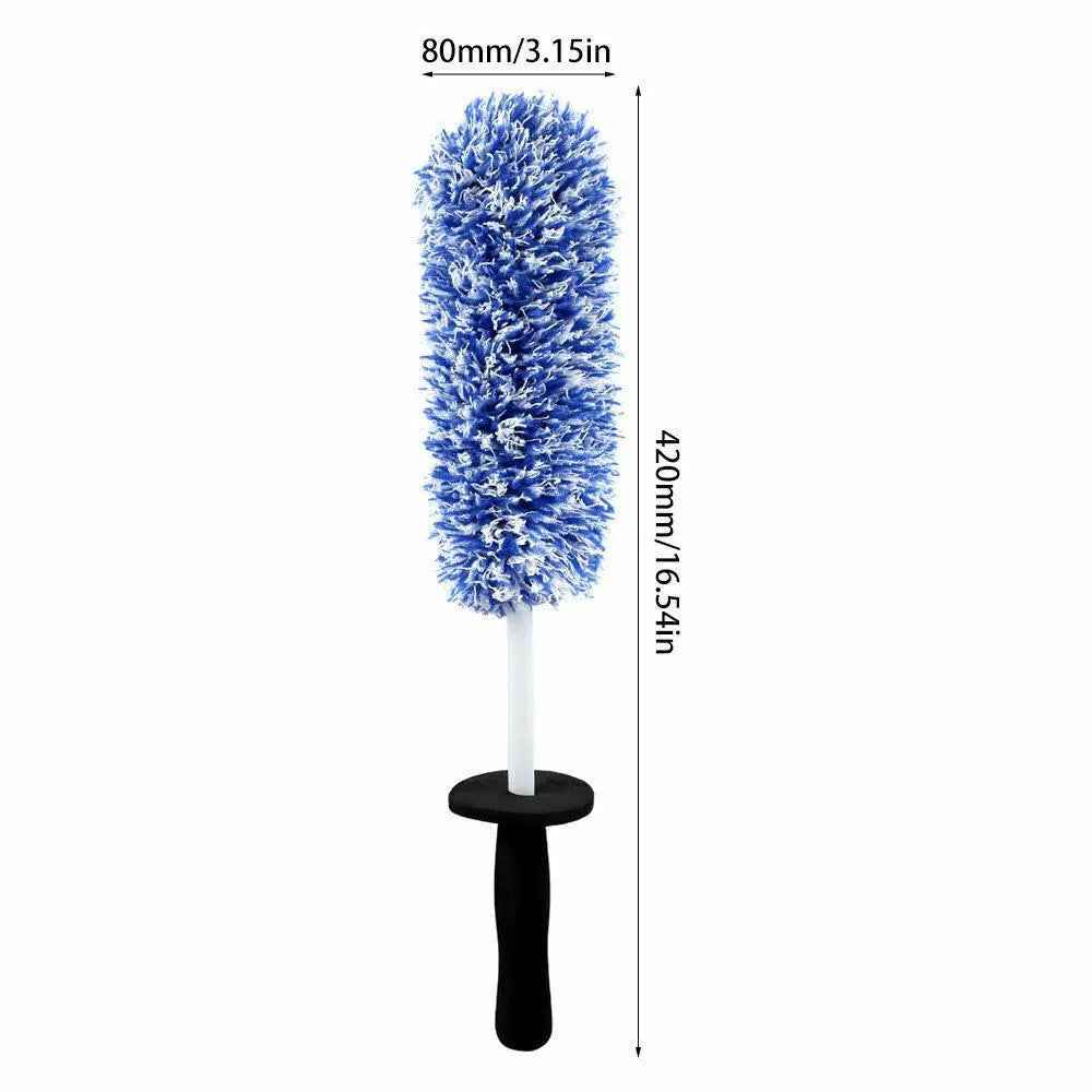 Car Wheel Cleaning Brush Soft Microfibre Long Handle Rim Detailing Brush - Black+White Handle