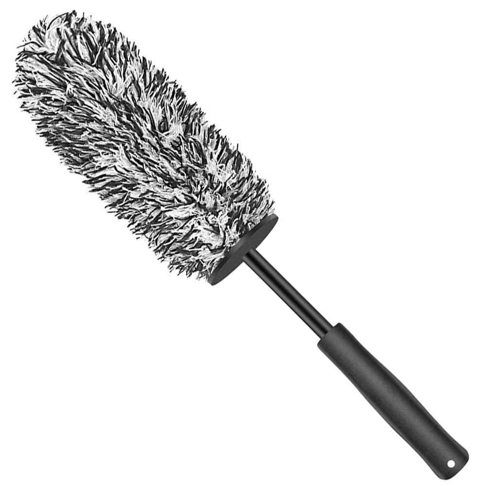 Car Wheel Cleaning Brush Soft Microfibre Long Handle Rim Detailing Brush - Black+Black Handle
