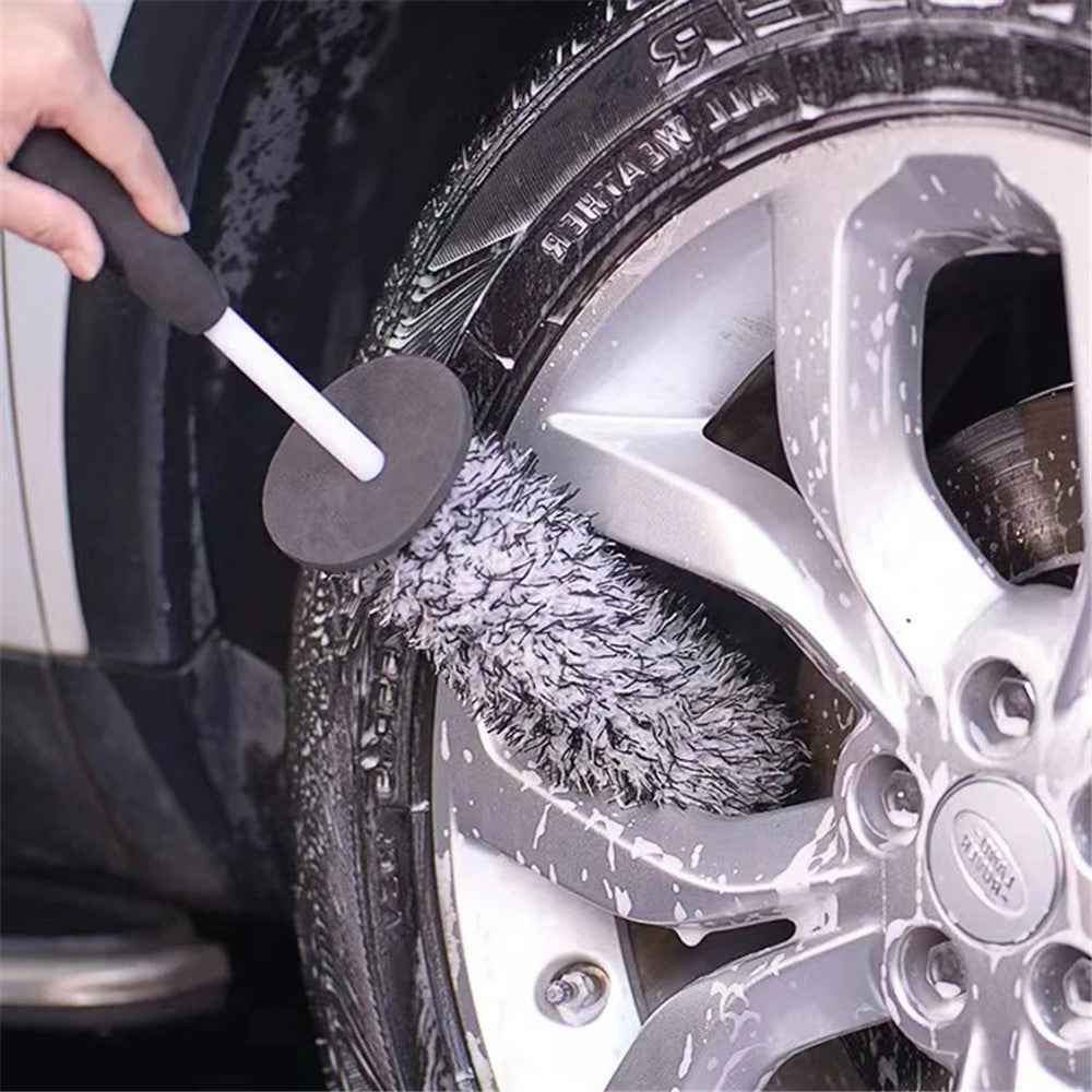 Car Wheel Cleaning Brush Soft Microfibre Long Handle Rim Detailing Brush - Black+Black Handle