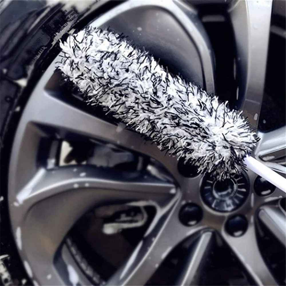 Car Wheel Cleaning Brush Soft Microfibre Long Handle Rim Detailing Brush - Black+Black Handle