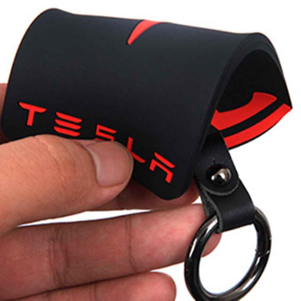 Silicone Car Remote Key Cover for Model 3 / Y Wear Resistant Protective Case with Ring Buckle Car Key Replacement Parts - Black / Red