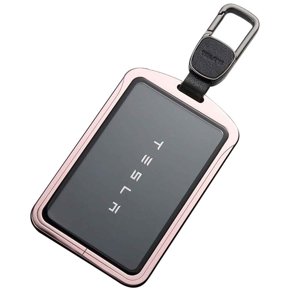 Aluminum Alloy Tempered Glass Key Card Holder Key Chain for Tesla - Rose Gold