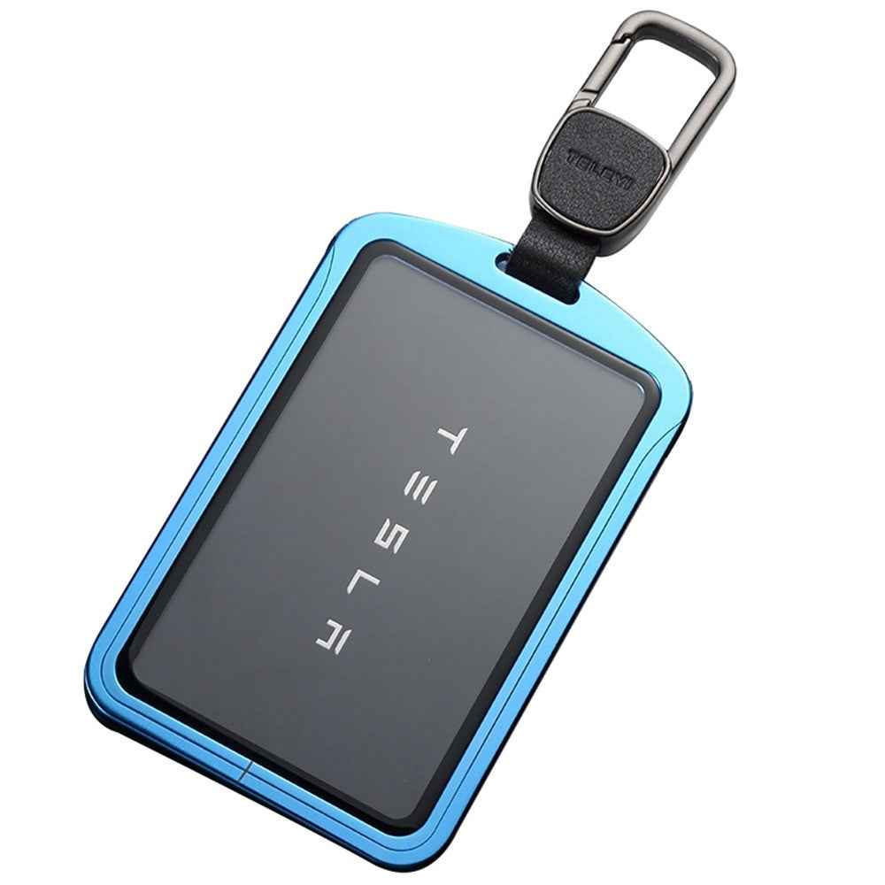 Aluminum Alloy Tempered Glass Key Card Holder Key Chain for Tesla - Sapphire