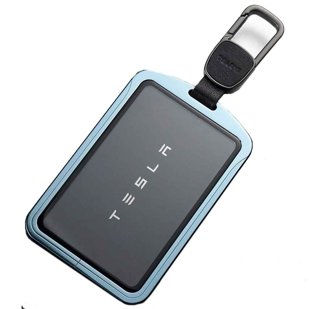 Aluminum Alloy Tempered Glass Key Card Holder Key Chain for Tesla - Blue