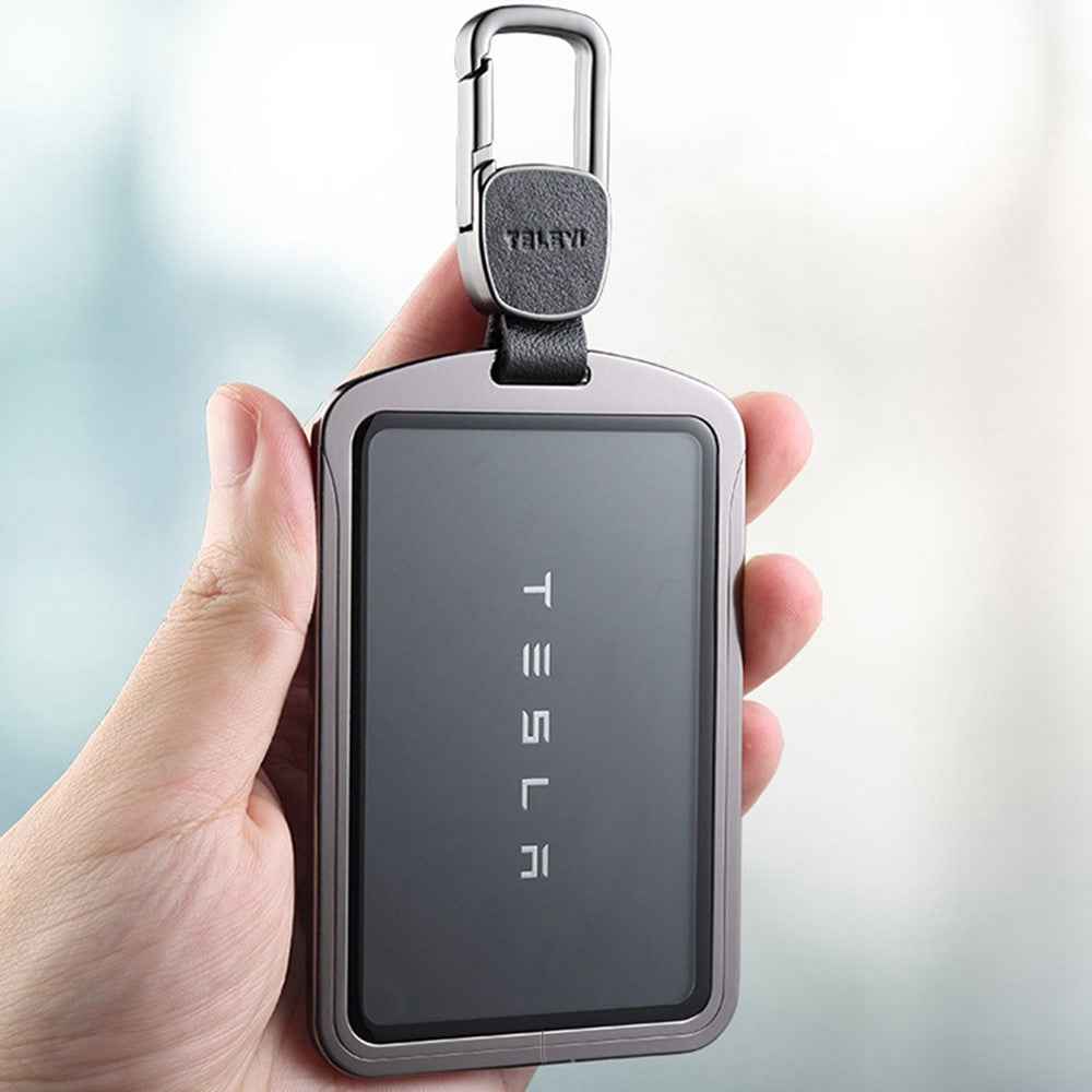 Aluminum Alloy Tempered Glass Key Card Holder Key Chain for Tesla - Blue