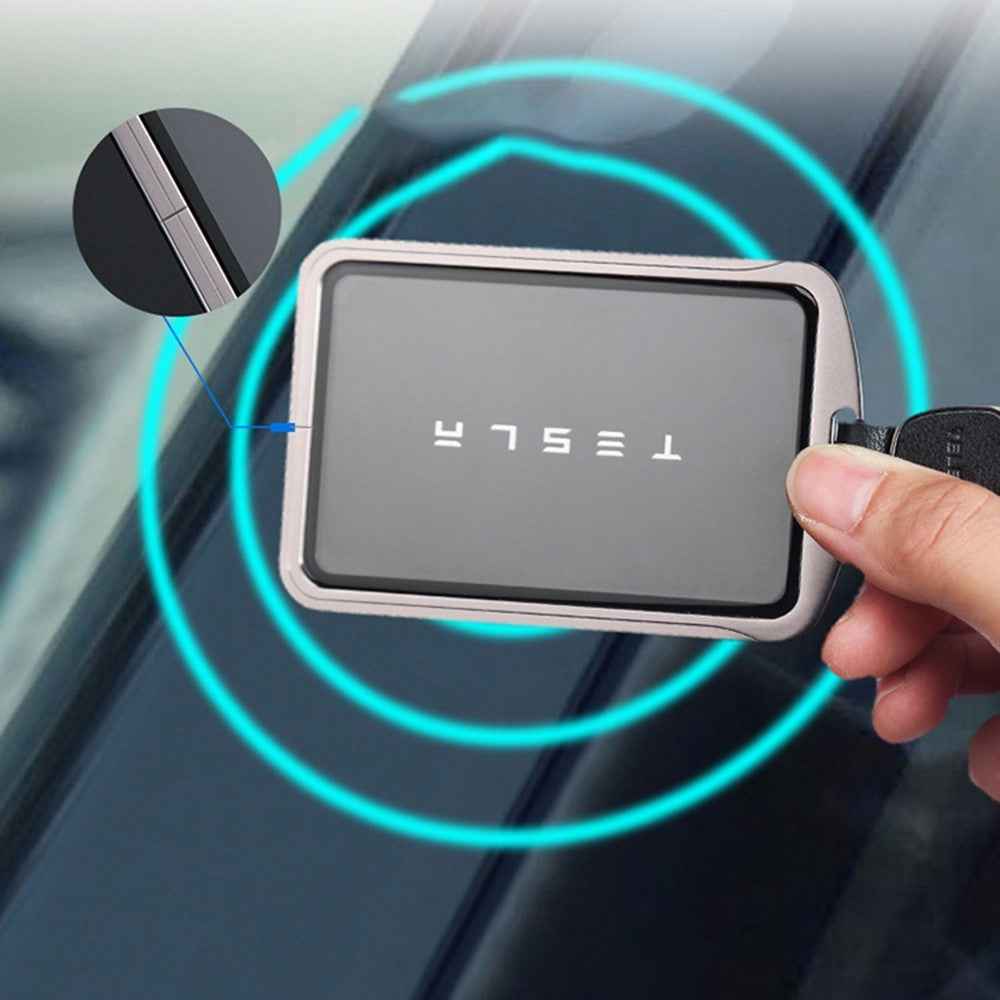 Aluminum Alloy Tempered Glass Key Card Holder Key Chain for Tesla - Blue